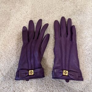 Tory Burch Rich Purple Leather Gloves with Gold Accents